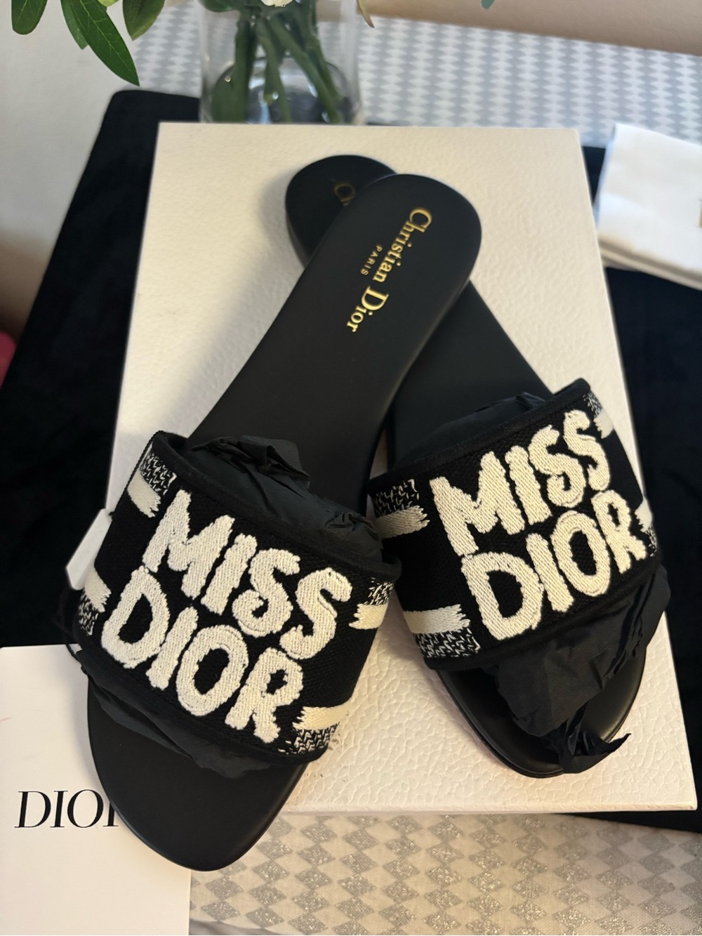 Dior Black Miss Dior Embroidered Slide Sandals
